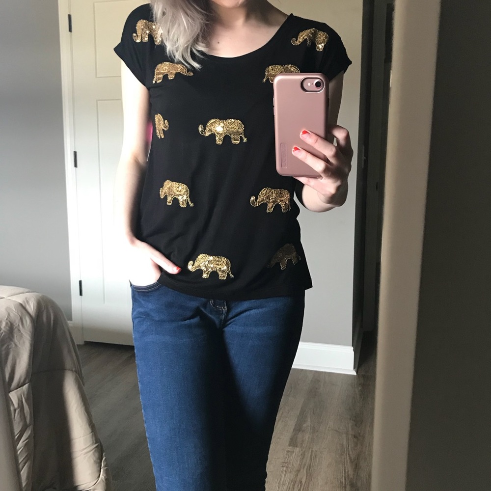 Macy’s INC Black & Gold Sequin Elephant Top, NWT